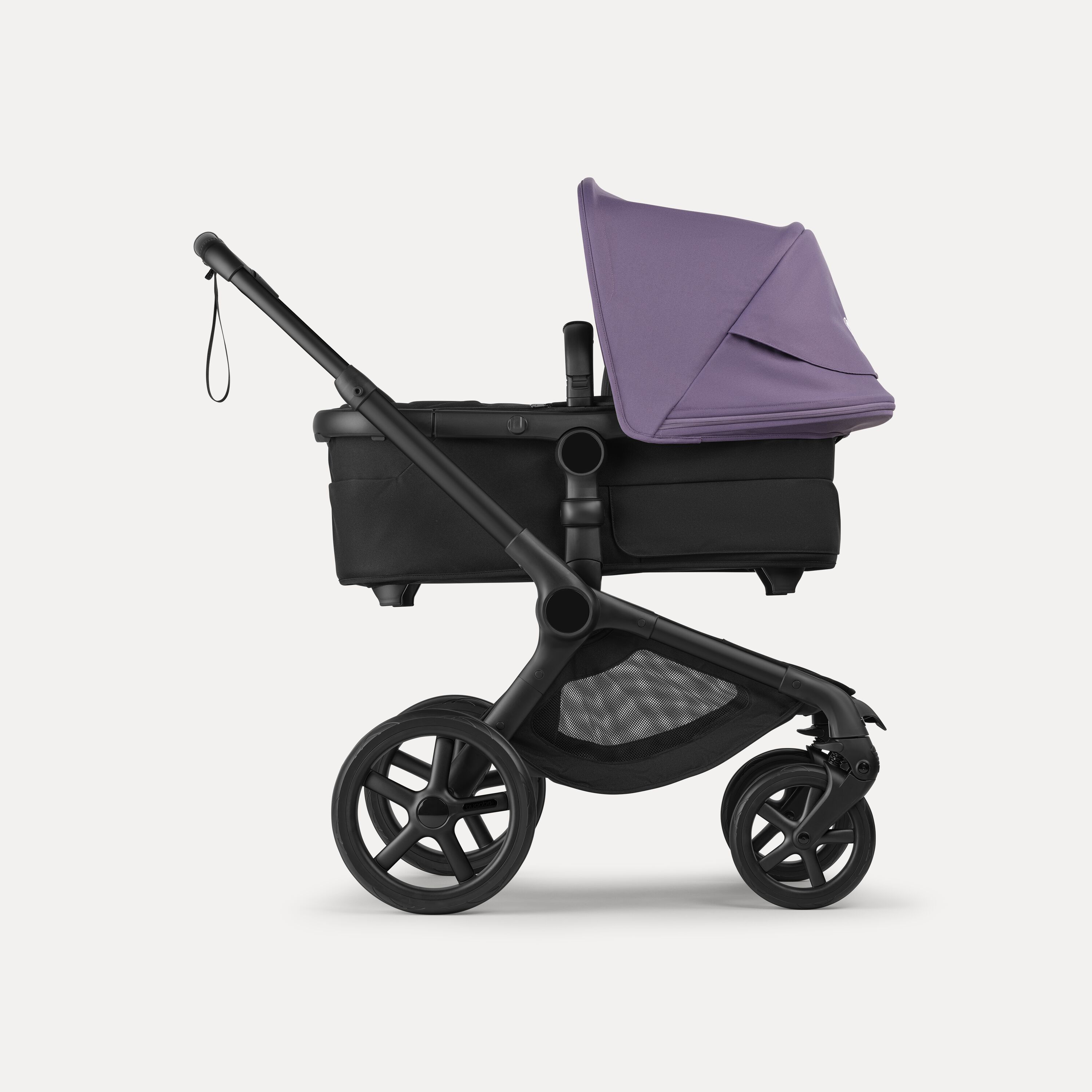 Bugaboo Fox 5 Renew bassinet newborn stroller, with black chassis, Heritage Black fabrics, and Astro Purple sun canopy. - Main Modal Image Slide 2 of 12