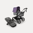 Bugaboo Fox 5 Renew bassinet and seat 2-in-1 stroller, with graphite chassis, Moon Grey fabrics, and Moon Grey sun canopy.