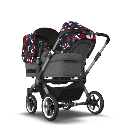 Bugaboo Donkey 5 Duo bassinet and seat stroller graphite base, grey mélange fabrics, animal explorer red/ blue sun canopy