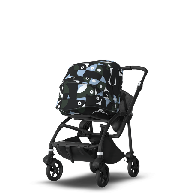 Bugaboo Bee 6 bassinet and seat stroller black base, grey fabrics, animal explorer green/ light blue sun canopy