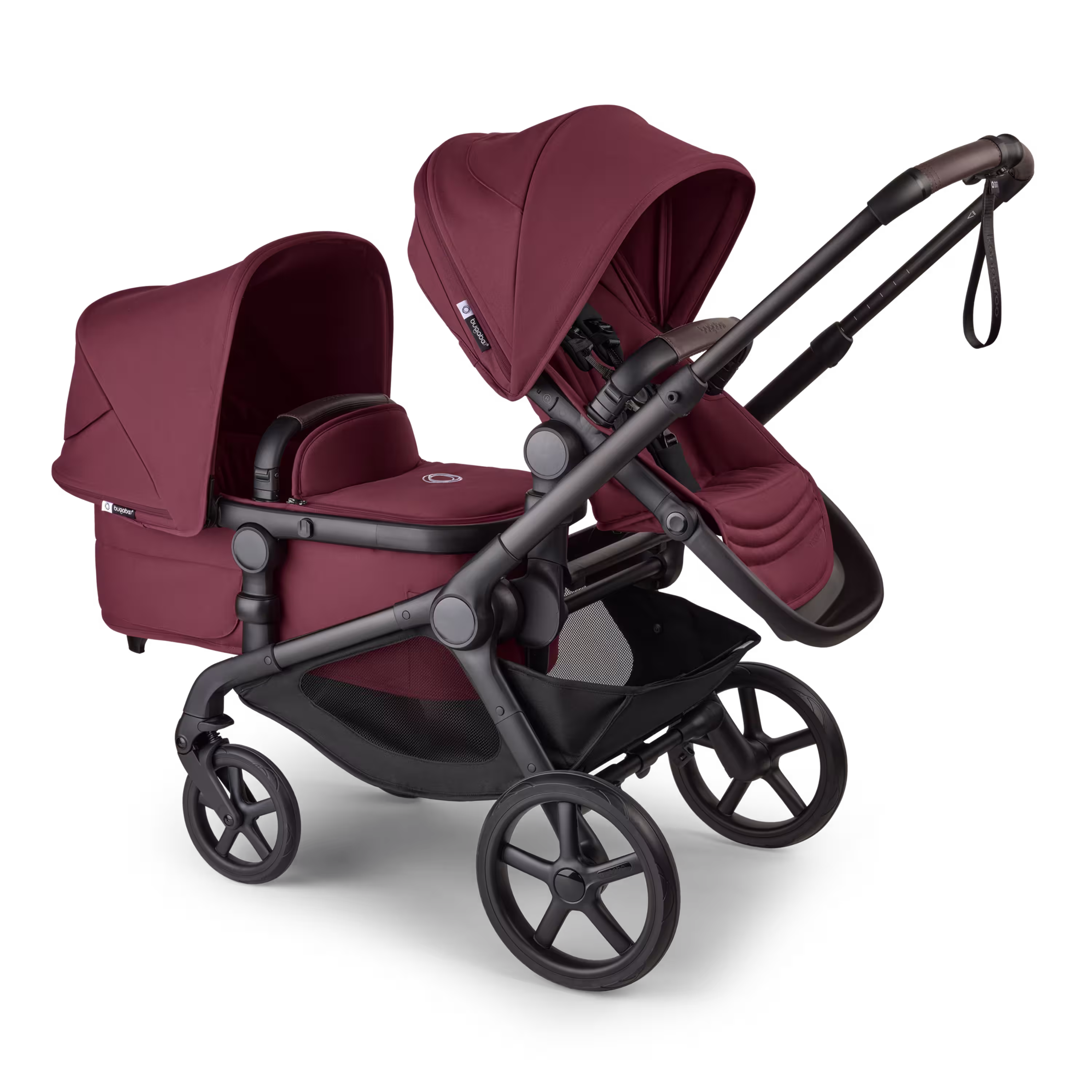 Bugaboo Kangaroo 2-in-1 tandem stroller with one seat above and one bassinet below, with Dark Cherry fabrics and Dark Cherry sun canopies. - Main Modal Image Slide 3 of 18