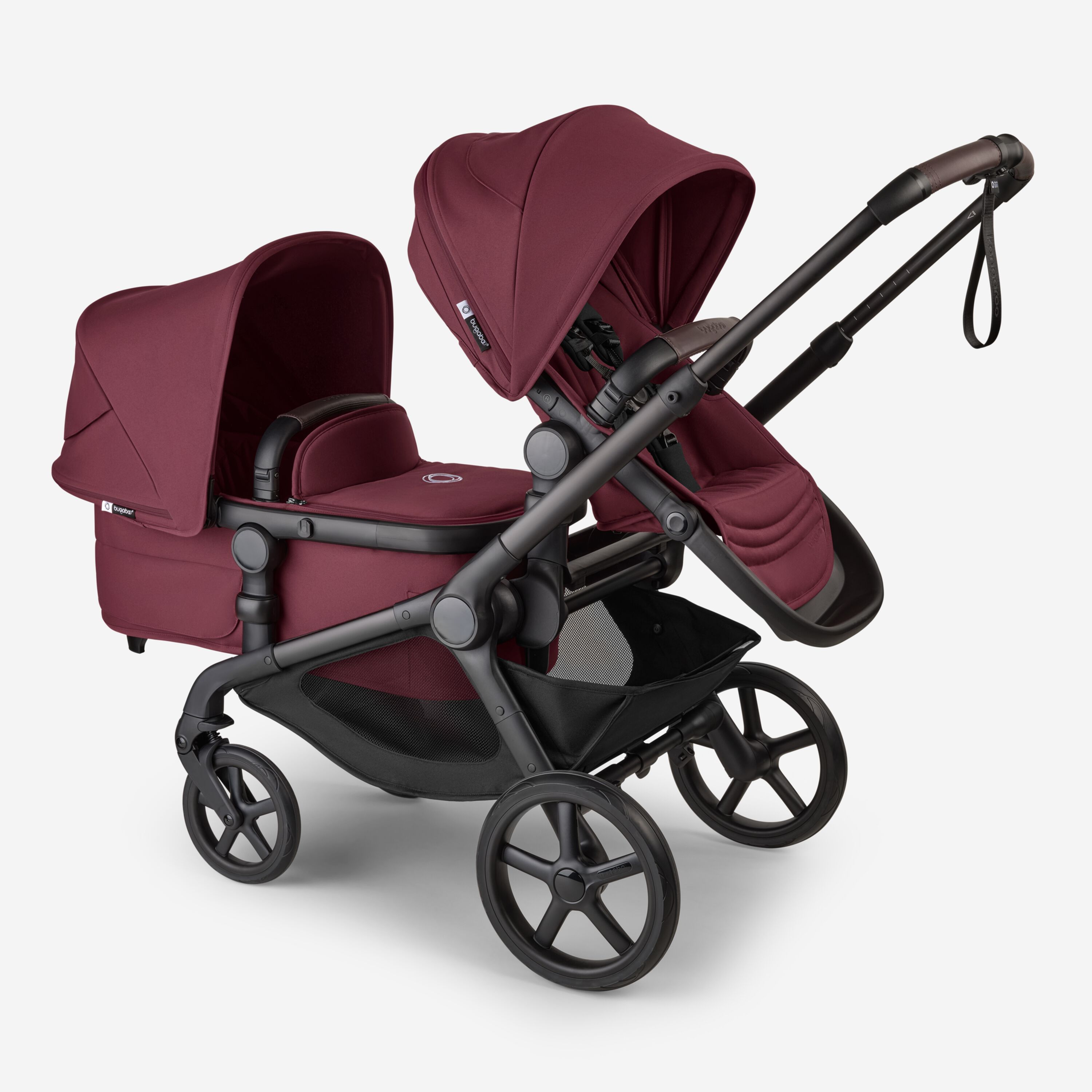 Bugaboo Kangaroo 2-in-1 tandem stroller with one seat above and one bassinet below, with Dark Cherry fabrics and Dark Cherry sun canopies. - Main Modal Image Slide 3 of 18