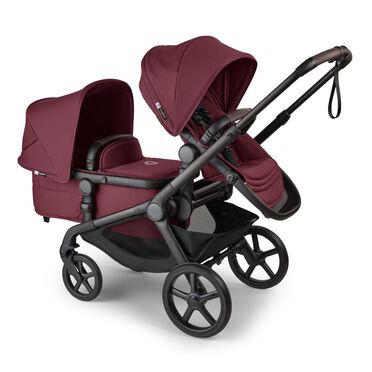 Bugaboo Kangaroo 2-in-1 tandem stroller with one seat above and one bassinet below, with Dark Cherry fabrics and Dark Cherry sun canopies. - view 2