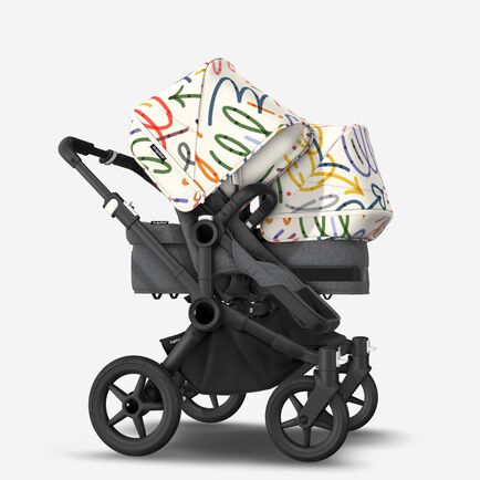 Bugaboo Donkey 5 Duo bassinet and seat stroller black base, grey mélange fabrics, art of discovery white sun canopy