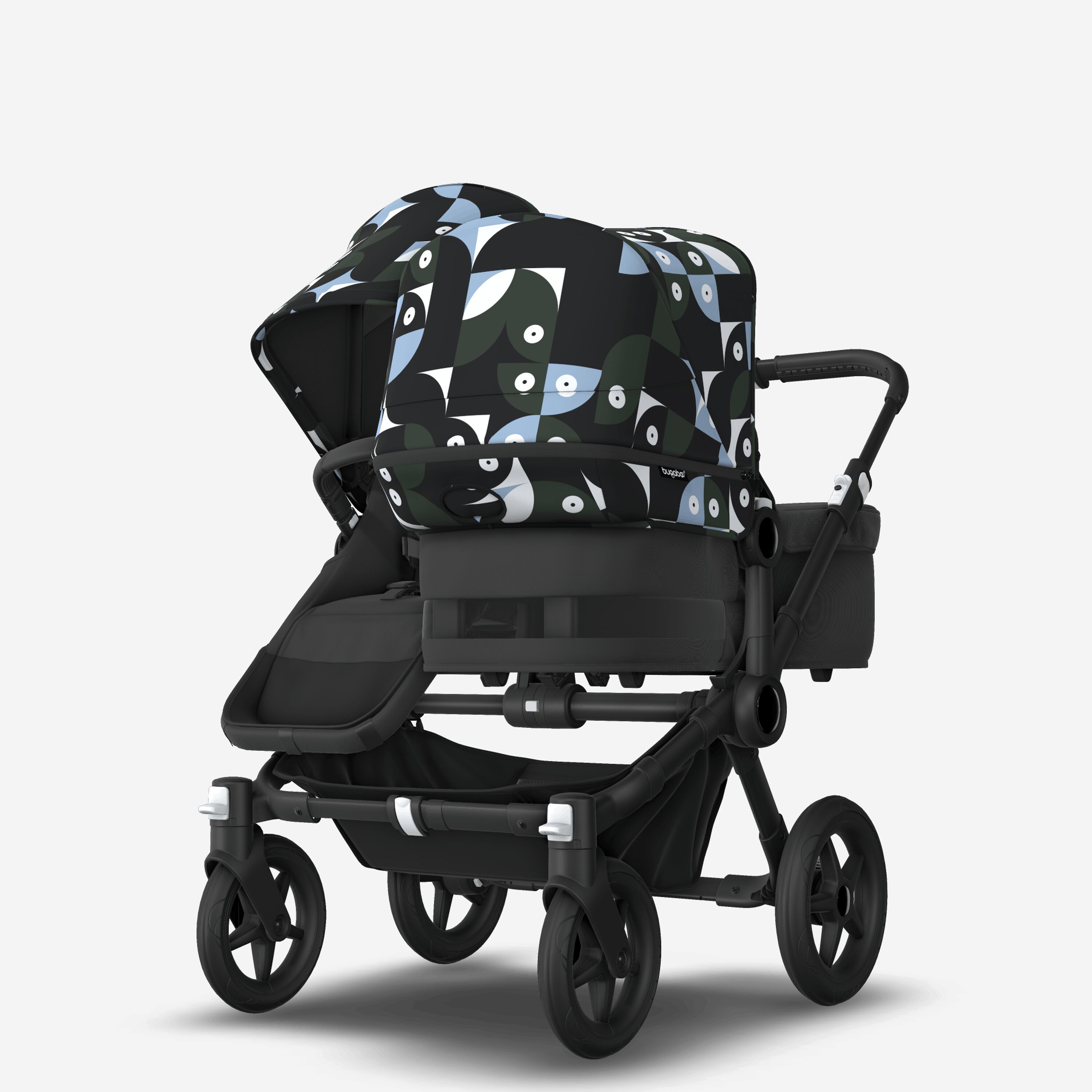 Bugaboo Donkey 5 Duo double stroller black base, midnight black fabrics, animal explorer green/ light blue sun canopy - Main Modal Image Slide 3 van 10