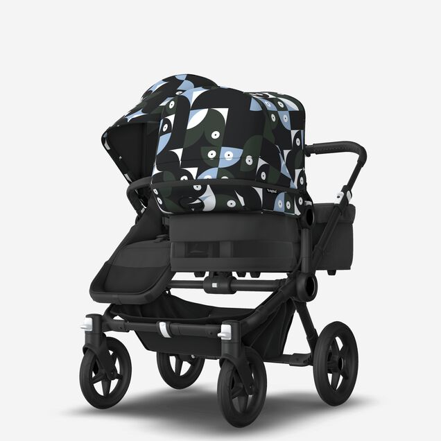 Bugaboo Donkey 5 Duo double stroller black base, midnight black fabrics, animal explorer green/ light blue sun canopy - Main Image Slide 3 van 10