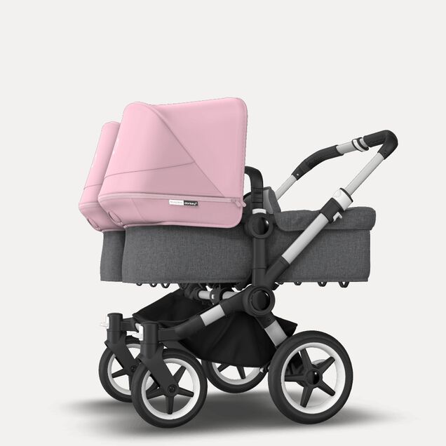 Bugaboo Donkey 3 Twin seat and carrycot pushchair soft pink sun canopy, grey melange fabrics, aluminium base - Main Image Slide 2 of 9