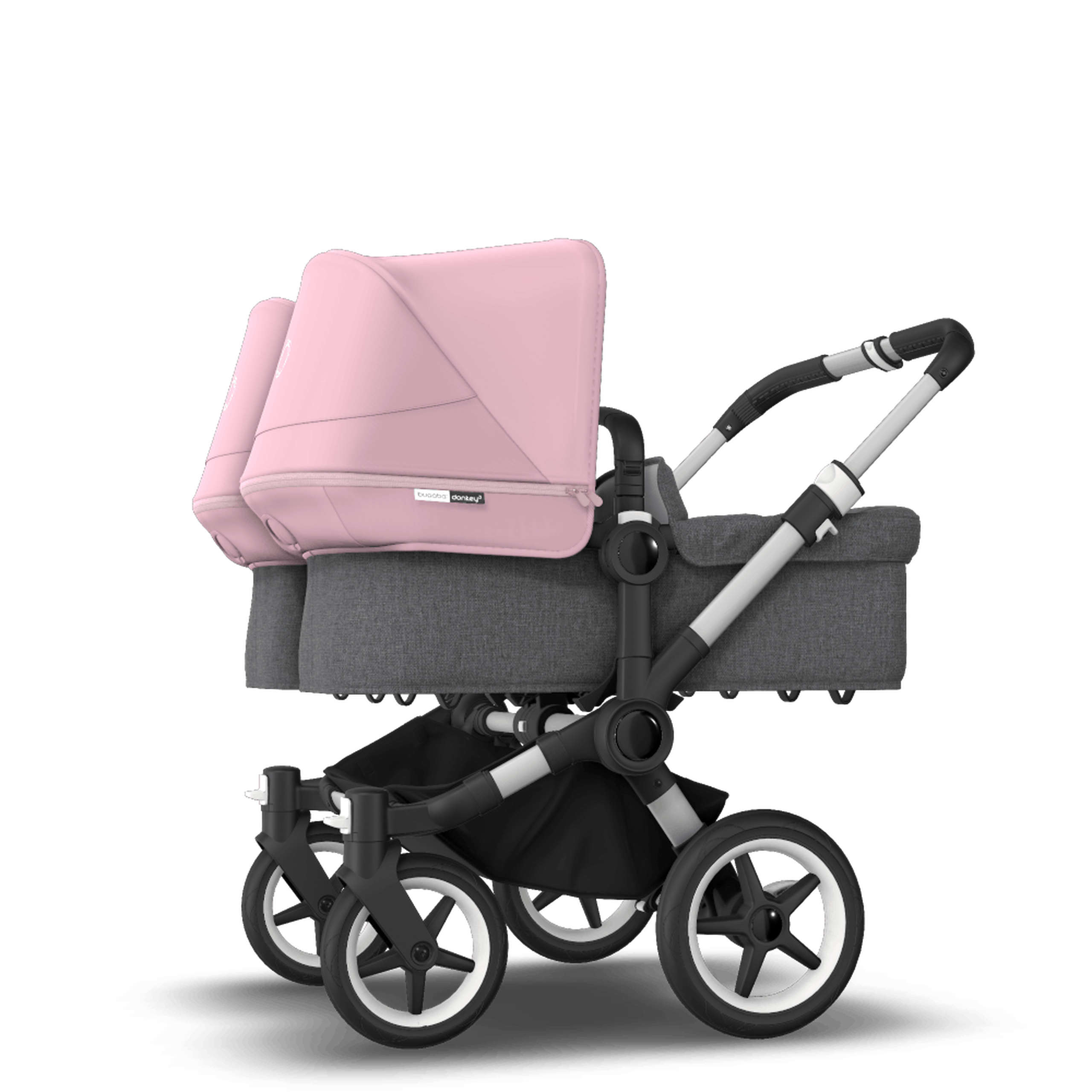 Bugaboo Donkey 3 Twin seat and carrycot pushchair soft pink sun canopy, grey melange fabrics, aluminium base - Thumbnail Slide 2 of 9