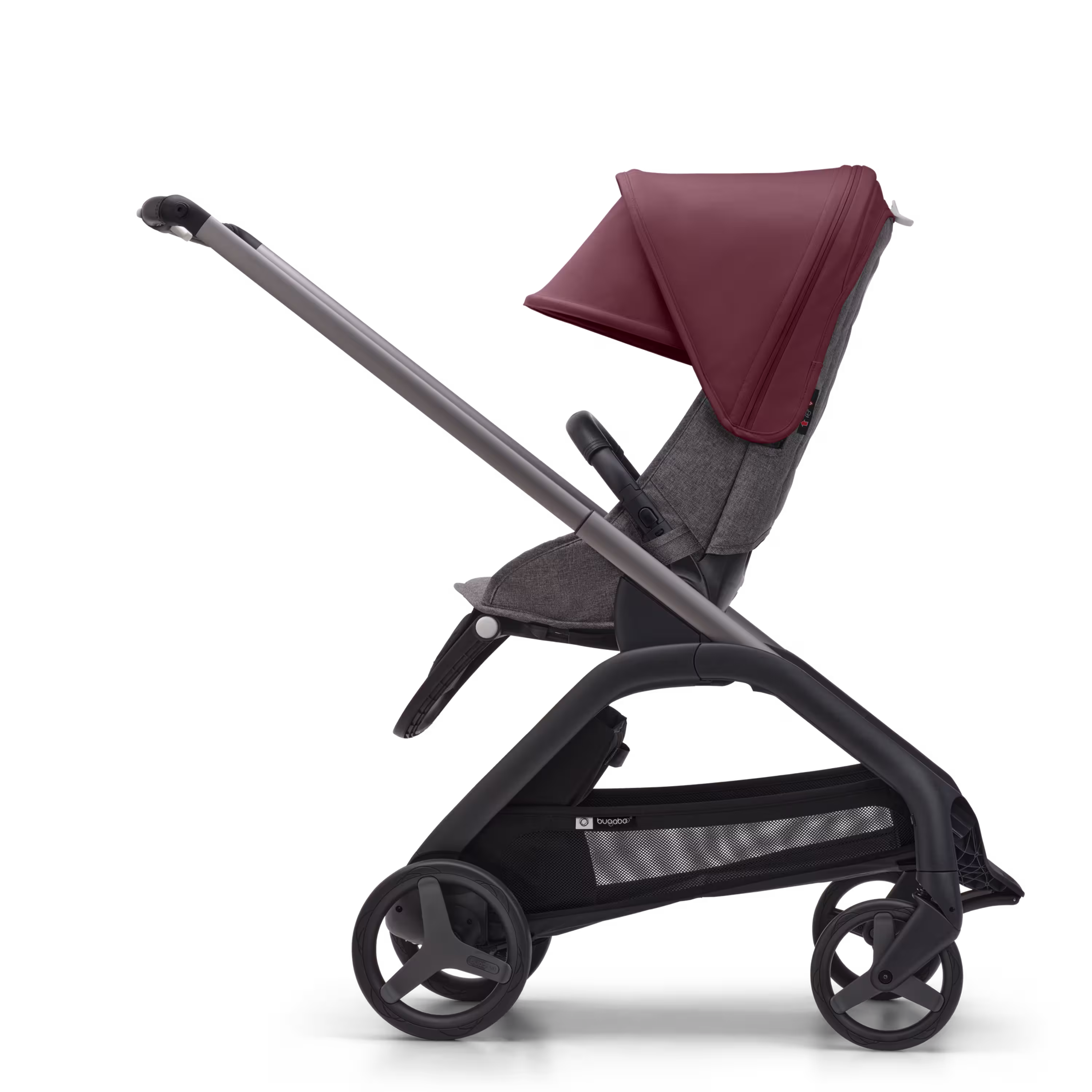 Bugaboo Dragonfly seat stroller graphite base, grey melange fabrics, dark cherry red sun canopy - Main Modal Image Slide 2 of 16