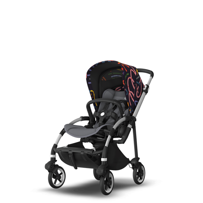 Bugaboo Bee 6 seat stroller aluminium base, grey fabrics, art of discovery dark blue sun canopy