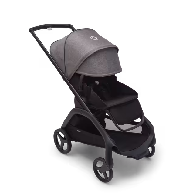Bugaboo Dragonfly seat stroller with black chassis, midnight black fabrics and grey melange sun canopy. The sun canopy is fully extended. - Main Image Slide 3 of 16