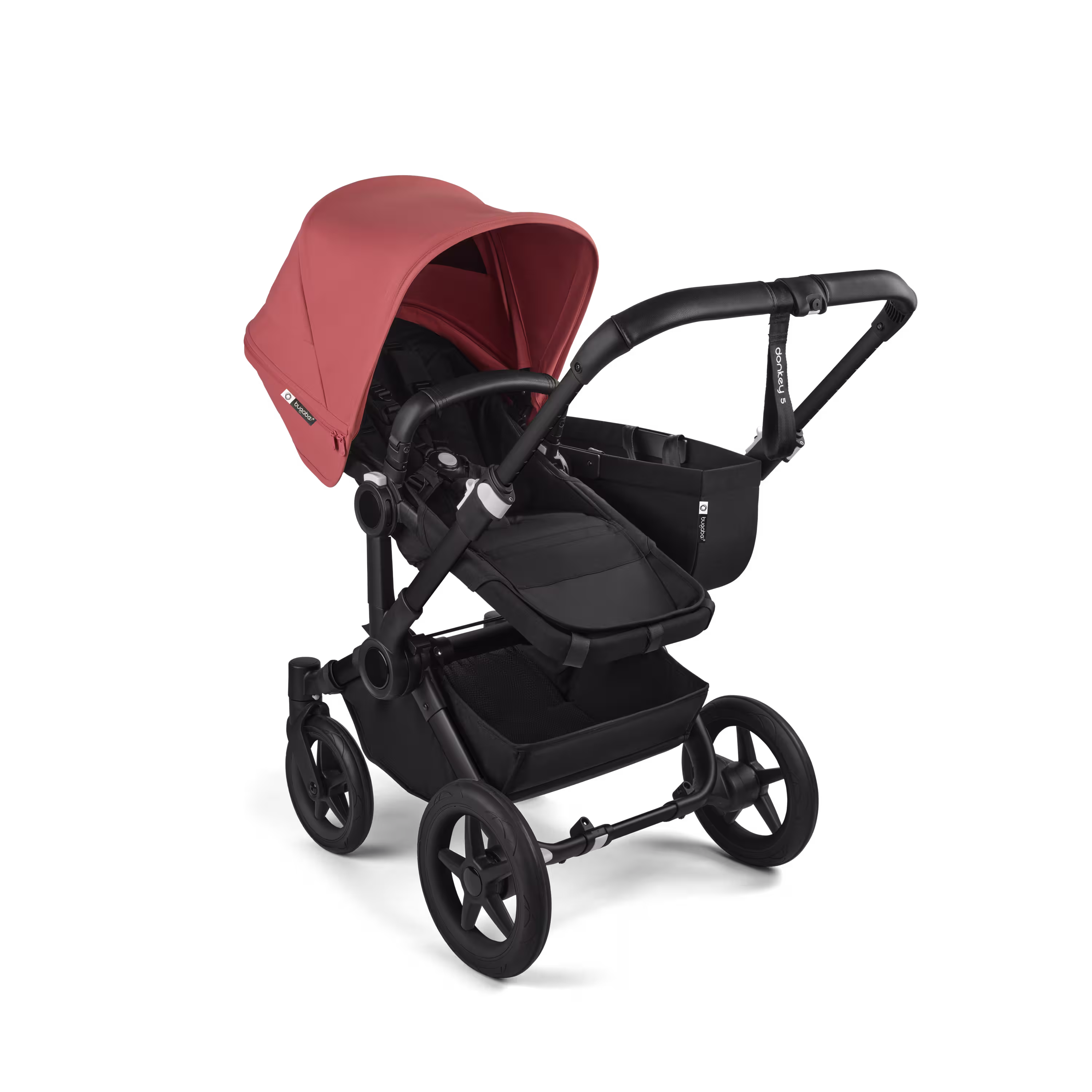 Refurbished Bugaboo Donkey 5 Mono bassinet and seat stroller black base, midnight black fabrics, sunrise red sun canopy - Main Modal Image Slide 2 of 10