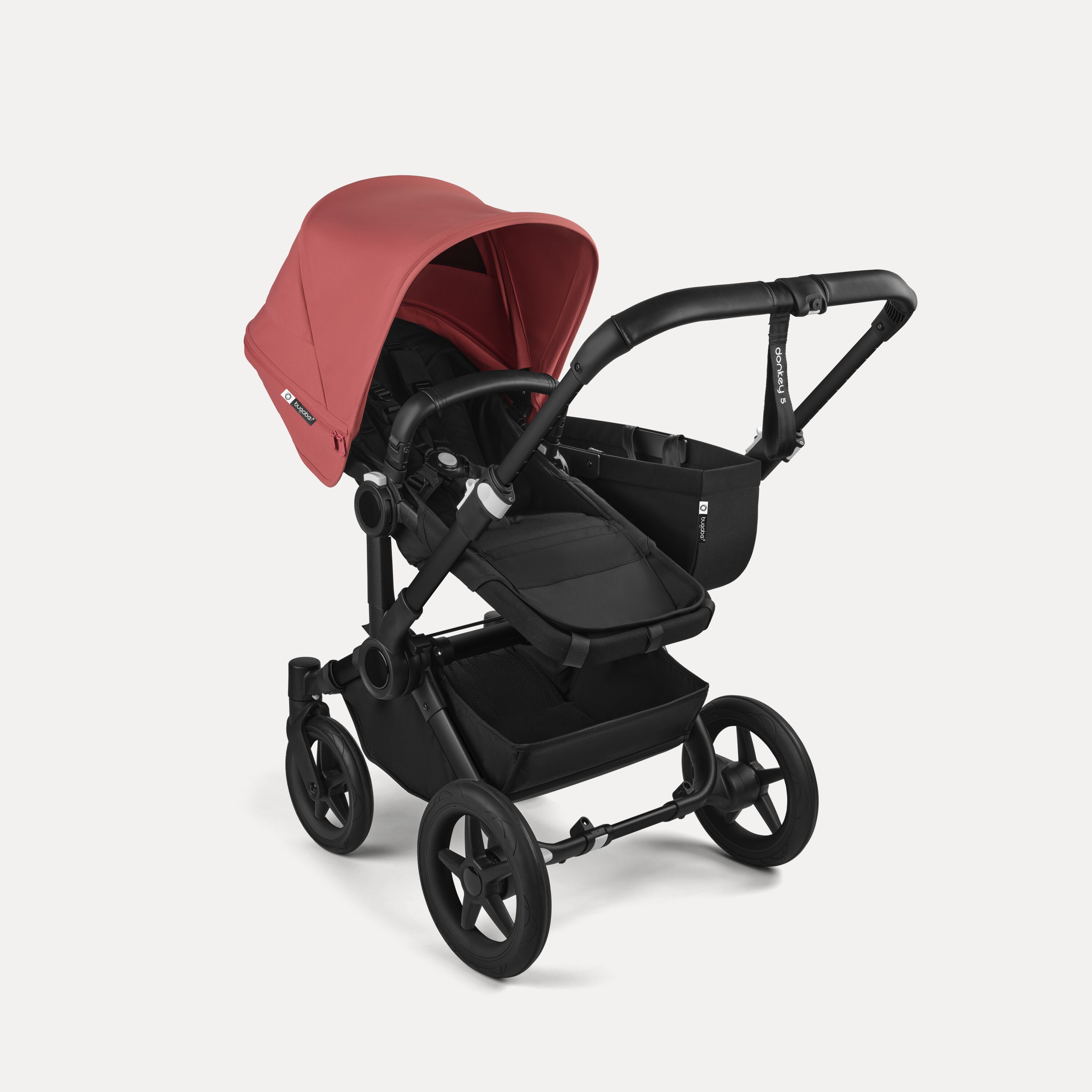 Refurbished Bugaboo Donkey 5 Mono bassinet and seat stroller black base, midnight black fabrics, sunrise red sun canopy - Main Modal Image Slide 2 of 4