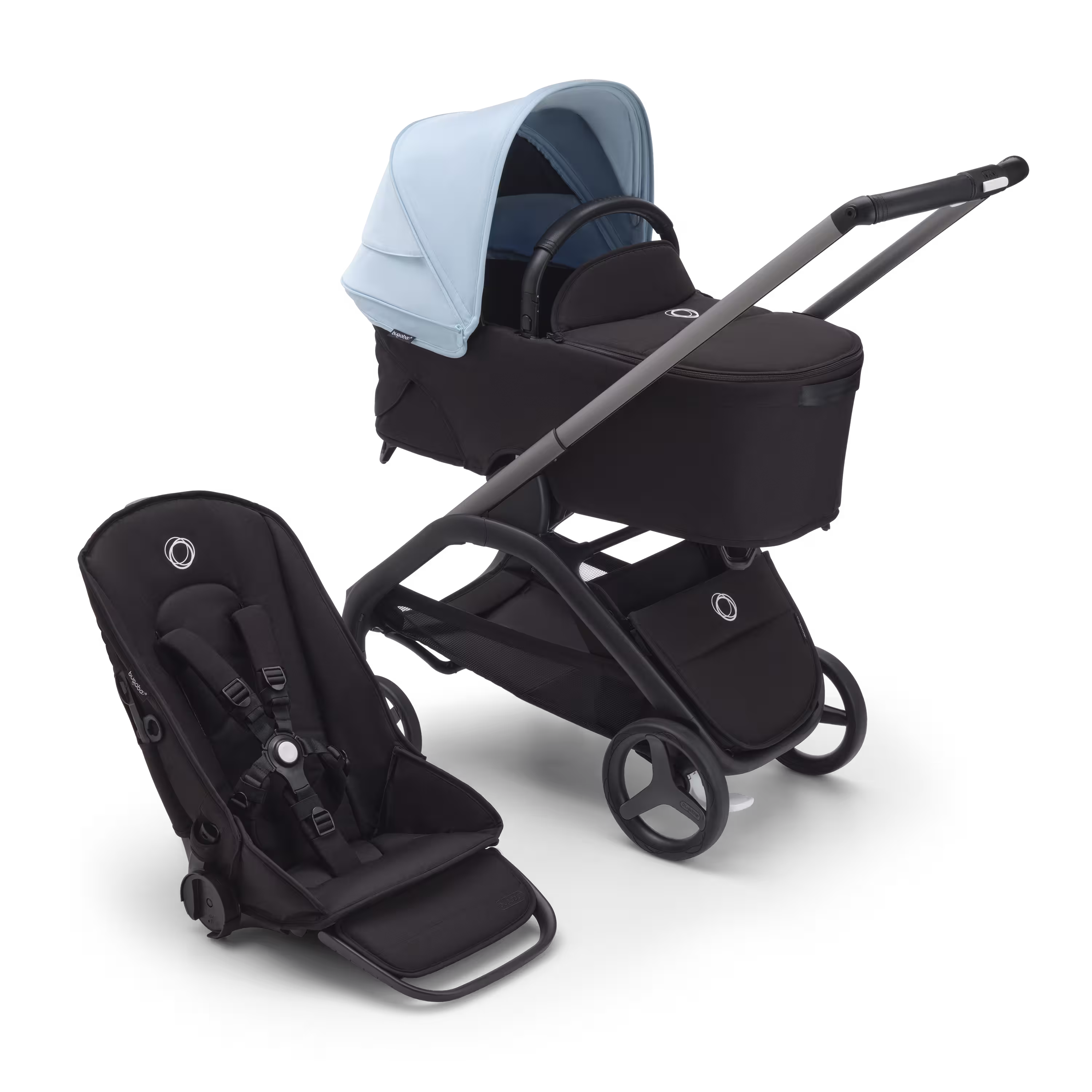 Refurbished Bugaboo Dragonfly bassinet and seat stroller graphite base, midnight black fabrics, skyline blue sun canopy - Main Modal Image Slide 1 of 14