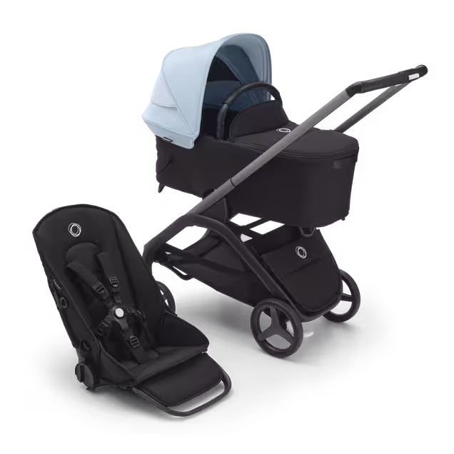 Refurbished Bugaboo Dragonfly bassinet and seat stroller graphite base, midnight black fabrics, skyline blue sun canopy - Main Image Slide 1 of 14