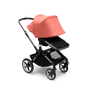 Bugaboo Fox 3 seat stroller with graphite frame, black fabrics, and red sun canopy fully extended. - Thumbnail Slide 8 of 9