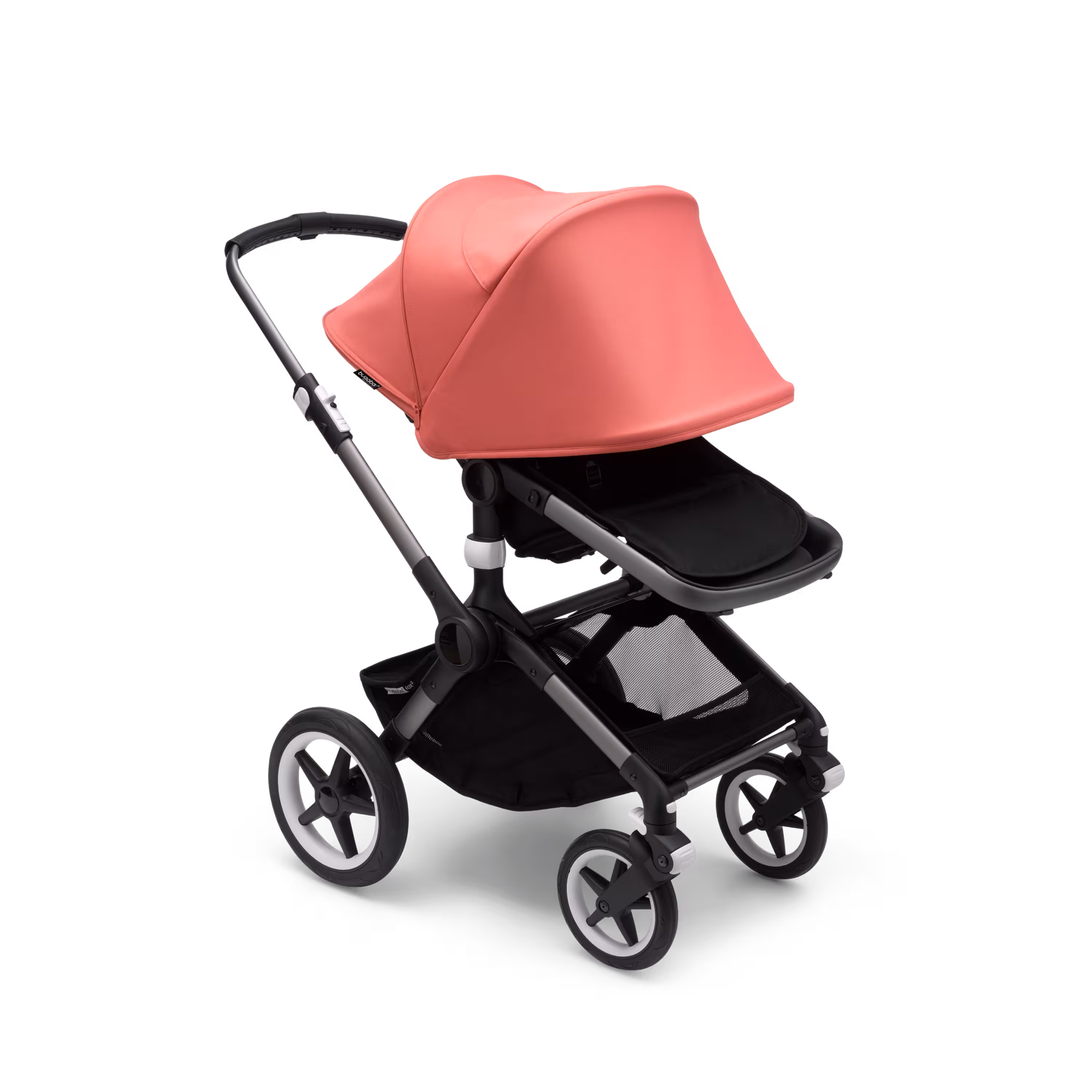 Bugaboo Fox 3 seat stroller with graphite frame, black fabrics, and red sun canopy fully extended. - Main Modal Image Slide 8 of 9