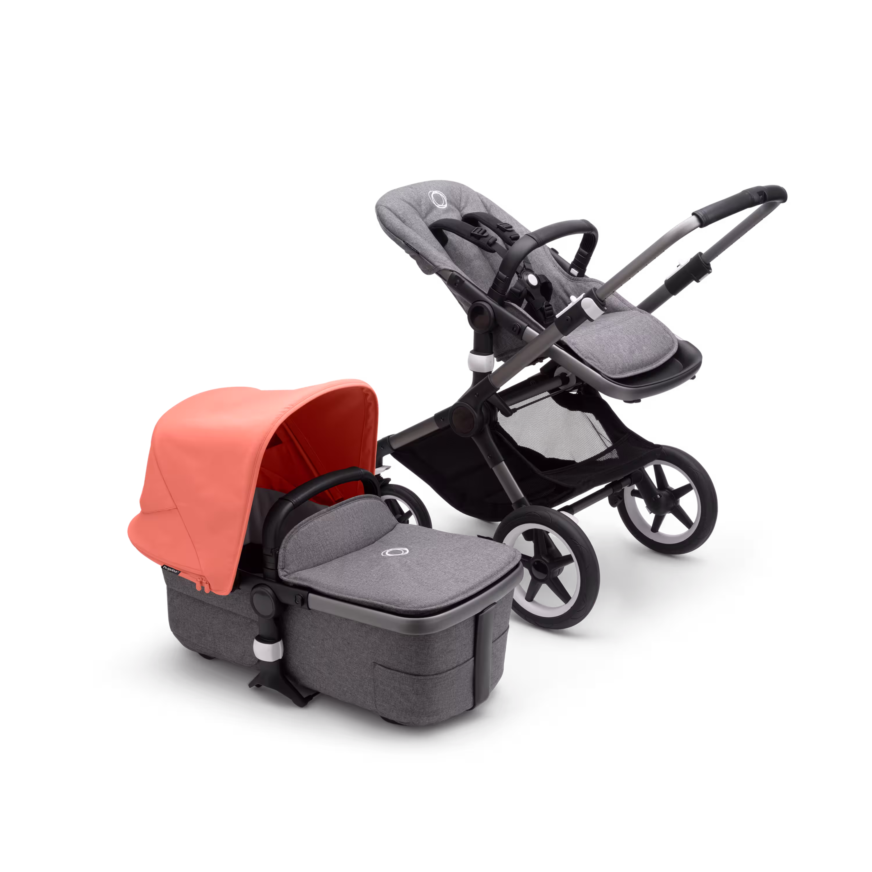Bugaboo Fox 3 bassinet and seat stroller with graphite frame, grey fabrics, and red sun canopy. - Main Modal Image Slide 5 of 7
