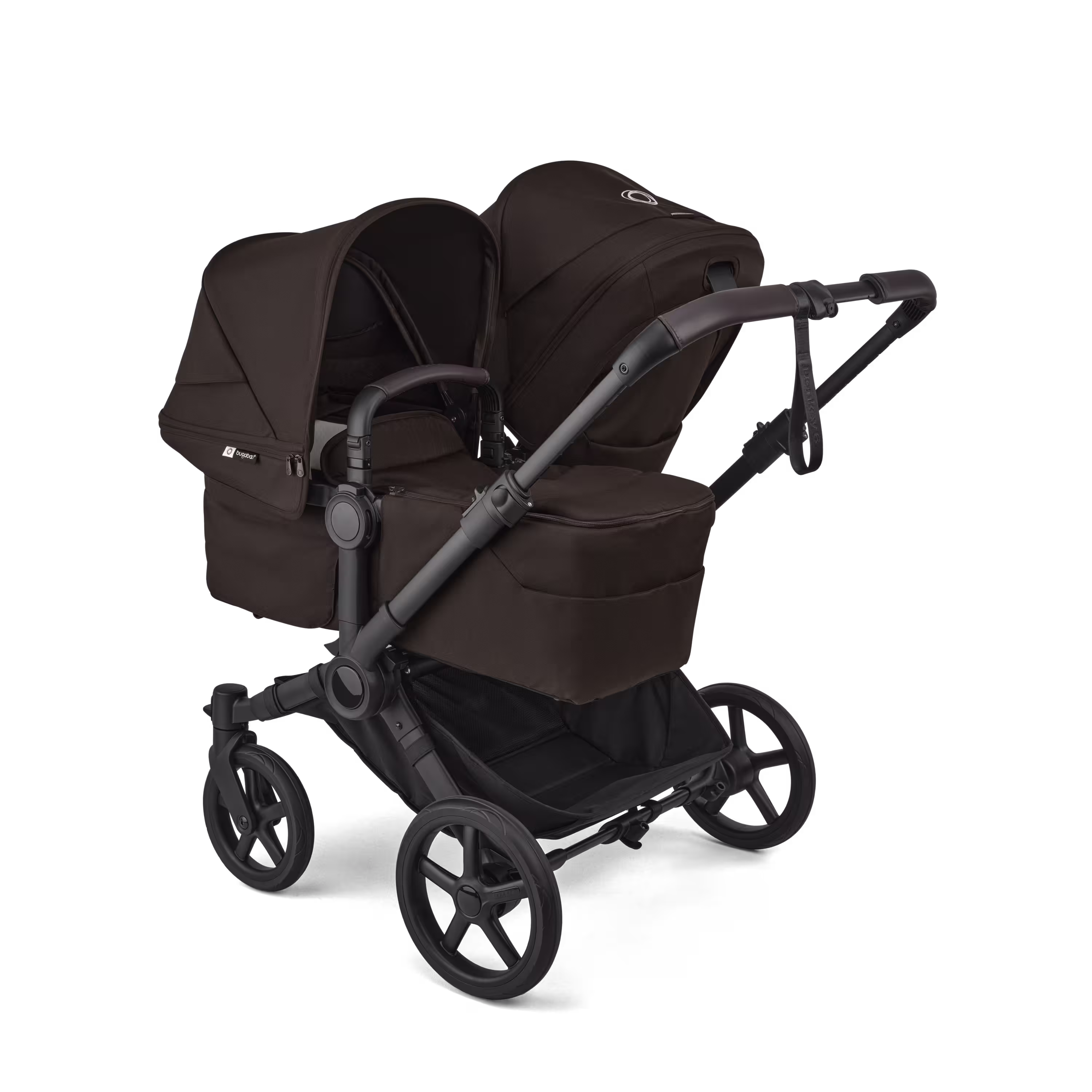 Bugaboo Donkey 6 double stroller black base, cocoa brown fabrics, cocoa brown sun canopy view 2 - Main Modal Image Slide 2 of 10
