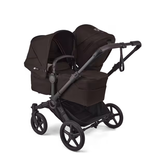 Bugaboo Donkey 6 double stroller black base, cocoa brown fabrics, cocoa brown sun canopy view 2 - Main Image Slide 2 of 10