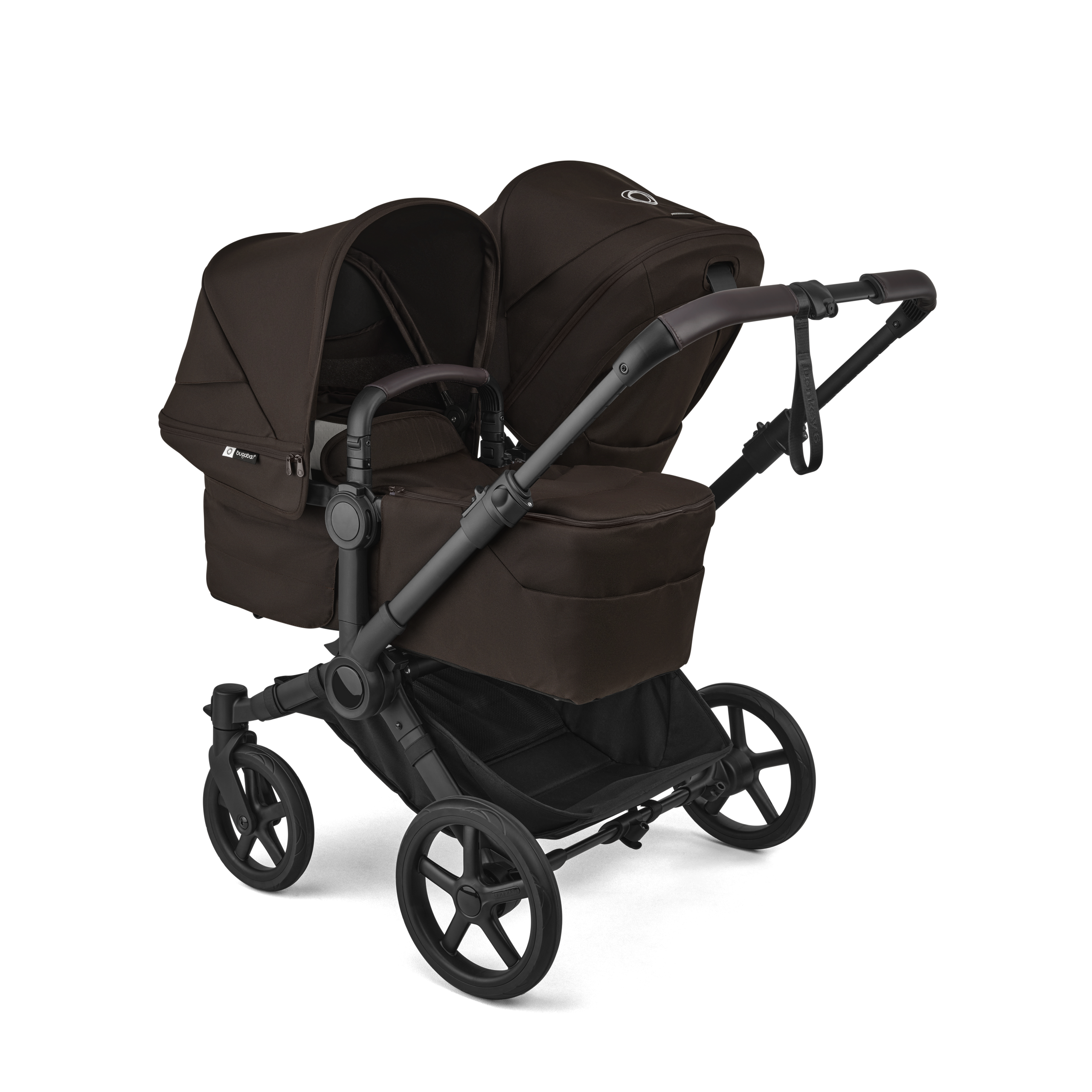 Bugaboo Donkey 6 double stroller black base, cocoa brown fabrics, cocoa brown sun canopy view 2 - Thumbnail Slide 2 of 10