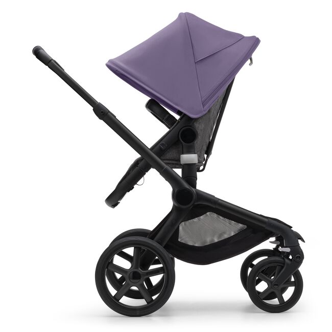 Side view of the Bugaboo Fox 5 seat stroller with black chassis, grey melange fabrics and astro purple sun canopy.