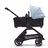 Side view of the Bugaboo Dragonfly bassinet stroller with black chassis, midnight black fabrics and skyline blue sun canopy. - Thumbnail Slide 3 of 16