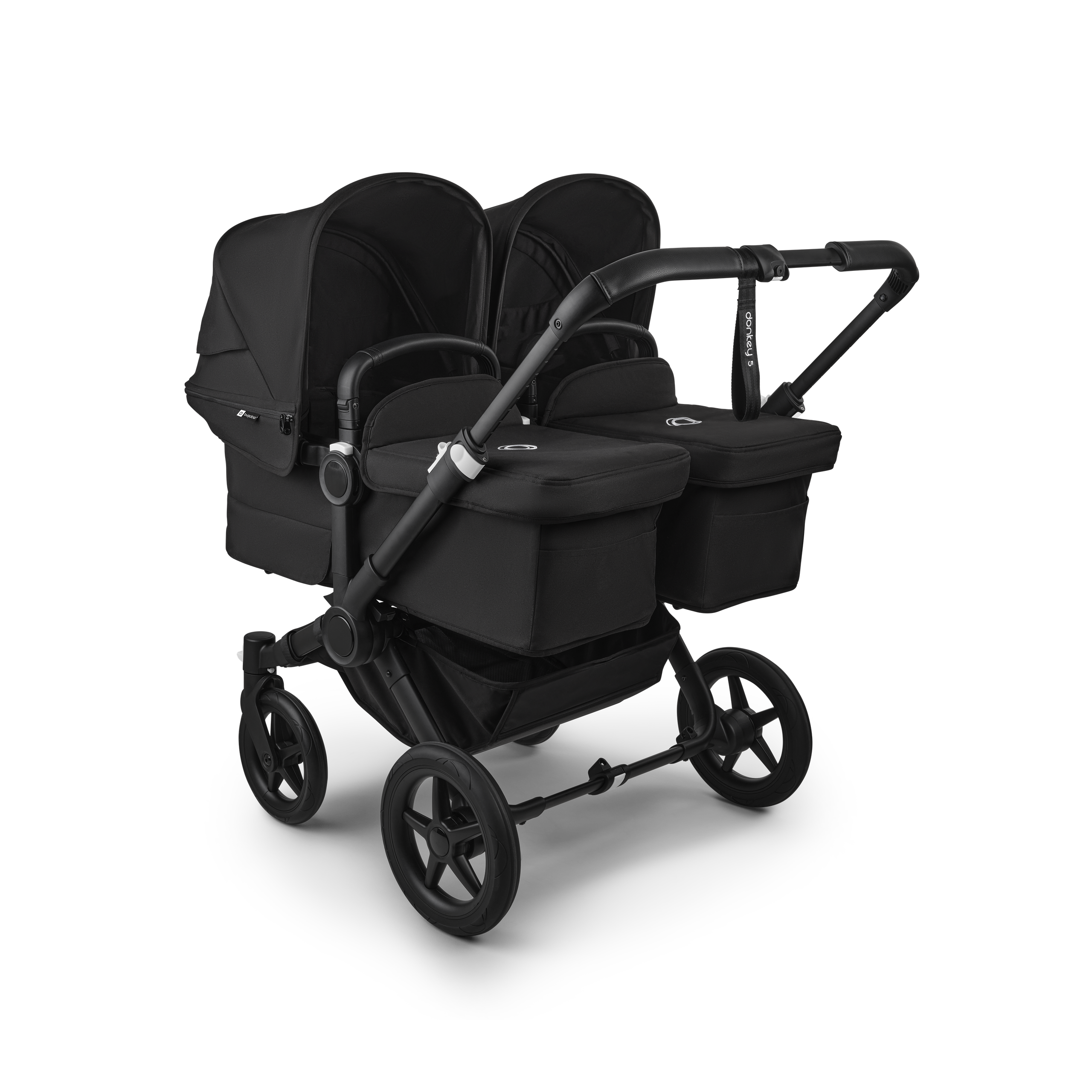 Bugaboo Donkey 5 twin stroller black base, midnight black fabrics, midnight black sun canopy - Thumbnail Slide 1 of 12