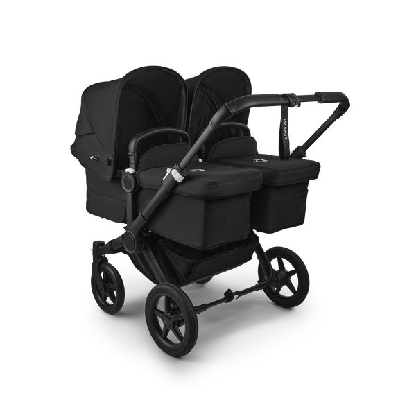 Bugaboo Donkey 5 twin stroller black base, midnight black fabrics, midnight black sun canopy