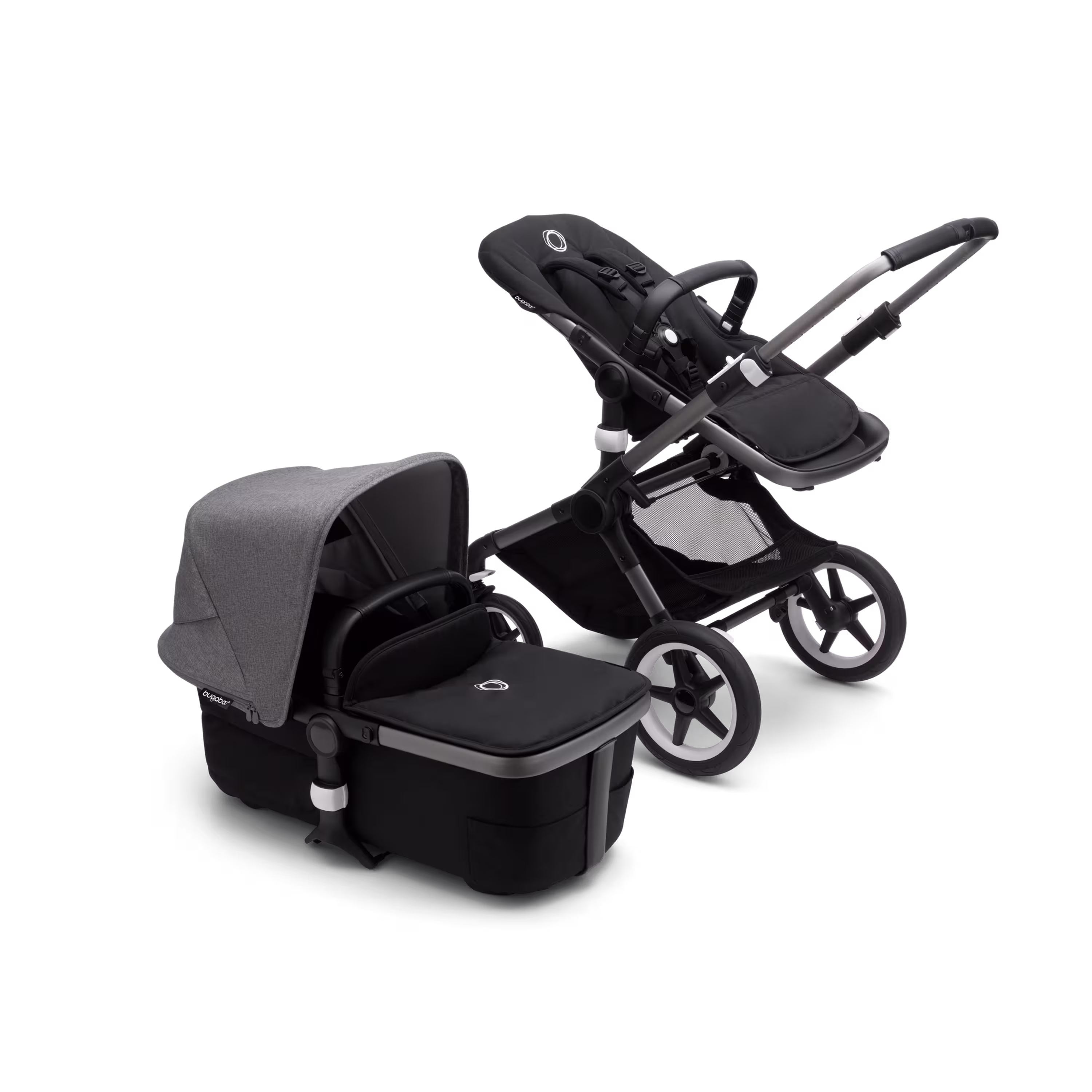 Bugaboo Fox 3 bassinet and seat stroller graphite base, midnight black fabrics, grey melange sun canopy - Main Modal Image Slide 5 of 7