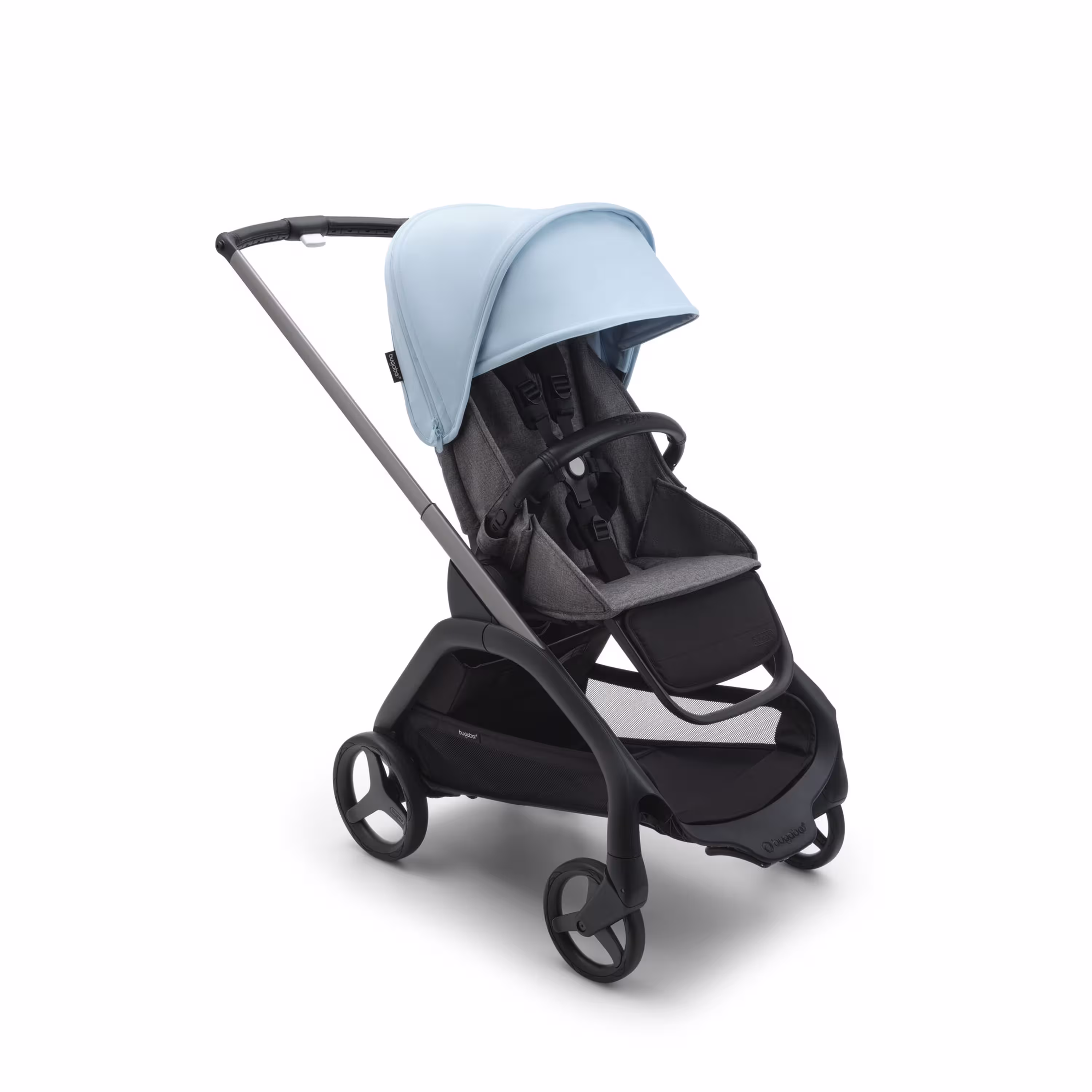 Bugaboo Dragonfly seat stroller with graphite chassis, grey melange fabrics and skyline blue sun canopy. - Main Modal Image Slide 2 of 4