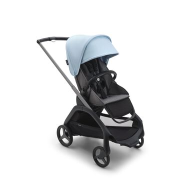 Bugaboo Dragonfly seat stroller with graphite chassis, grey melange fabrics and skyline blue sun canopy.