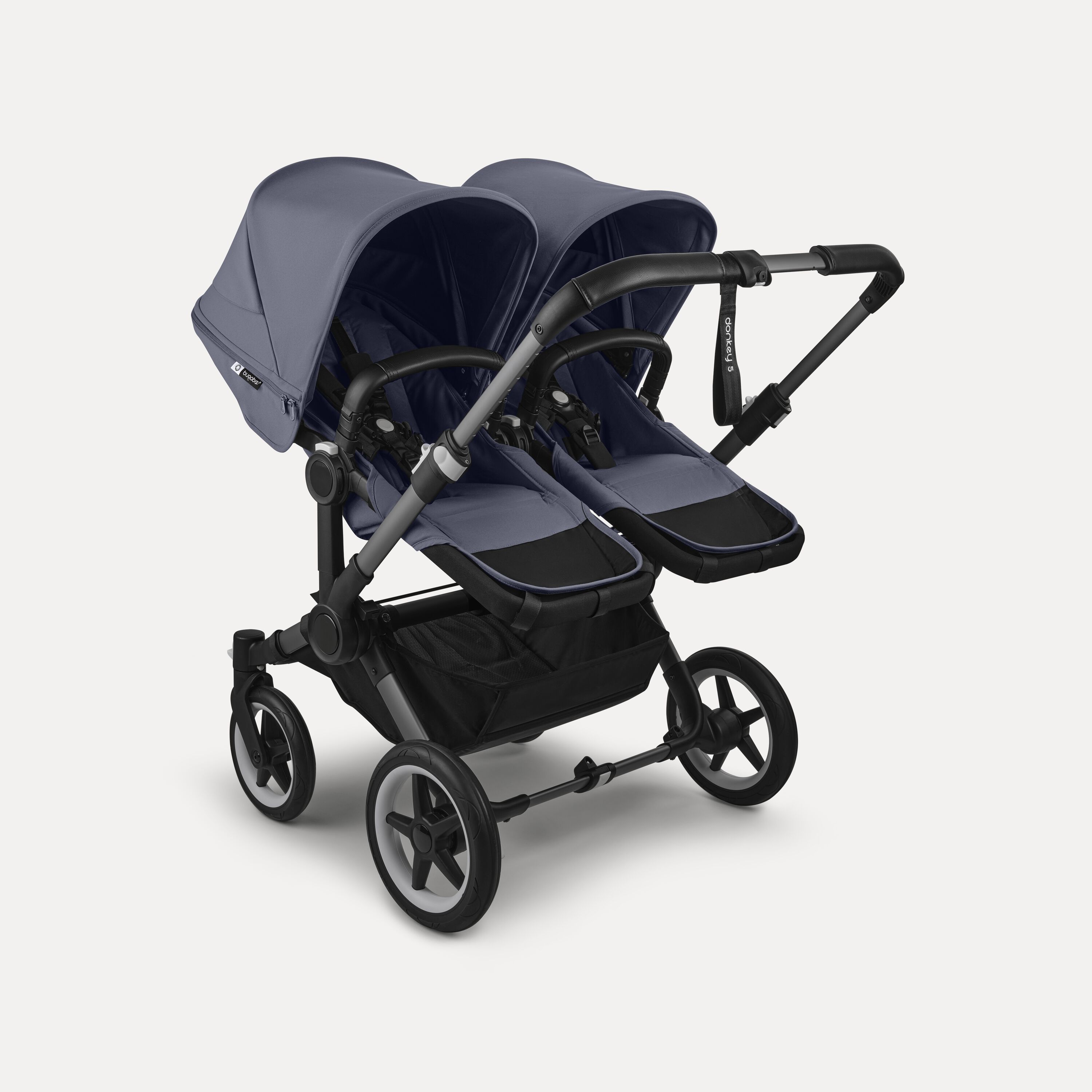 Bugaboo Donkey 5 twin stroller graphite base, stormy blue fabrics, stormy blue sun canopy - Main Modal Image Slide 3 of 12