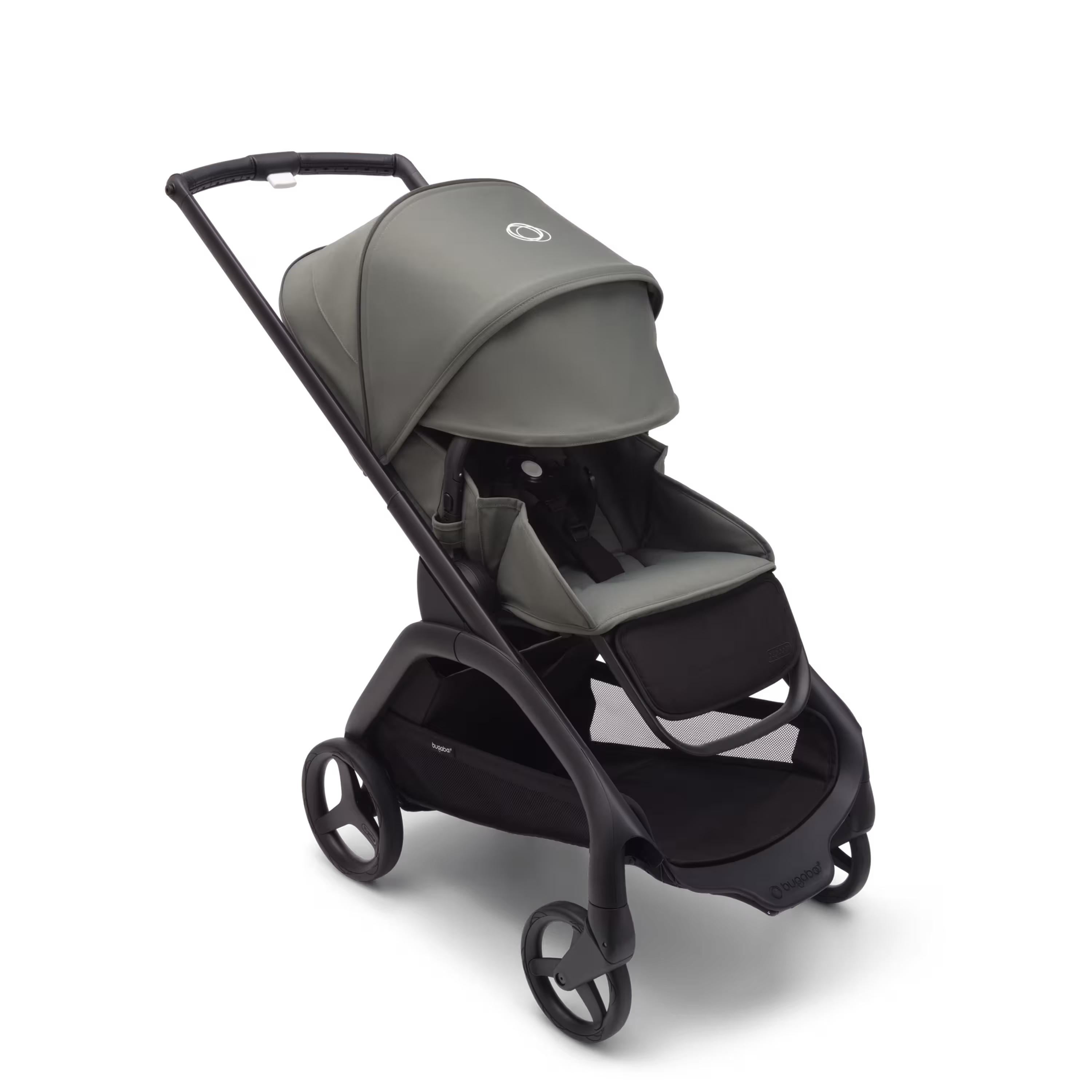 Bugaboo Dragonfly seat stroller with black chassis, forest green fabrics and forest green sun canopy. The sun canopy is fully extended. - Main Modal Image Slide 3 of 16