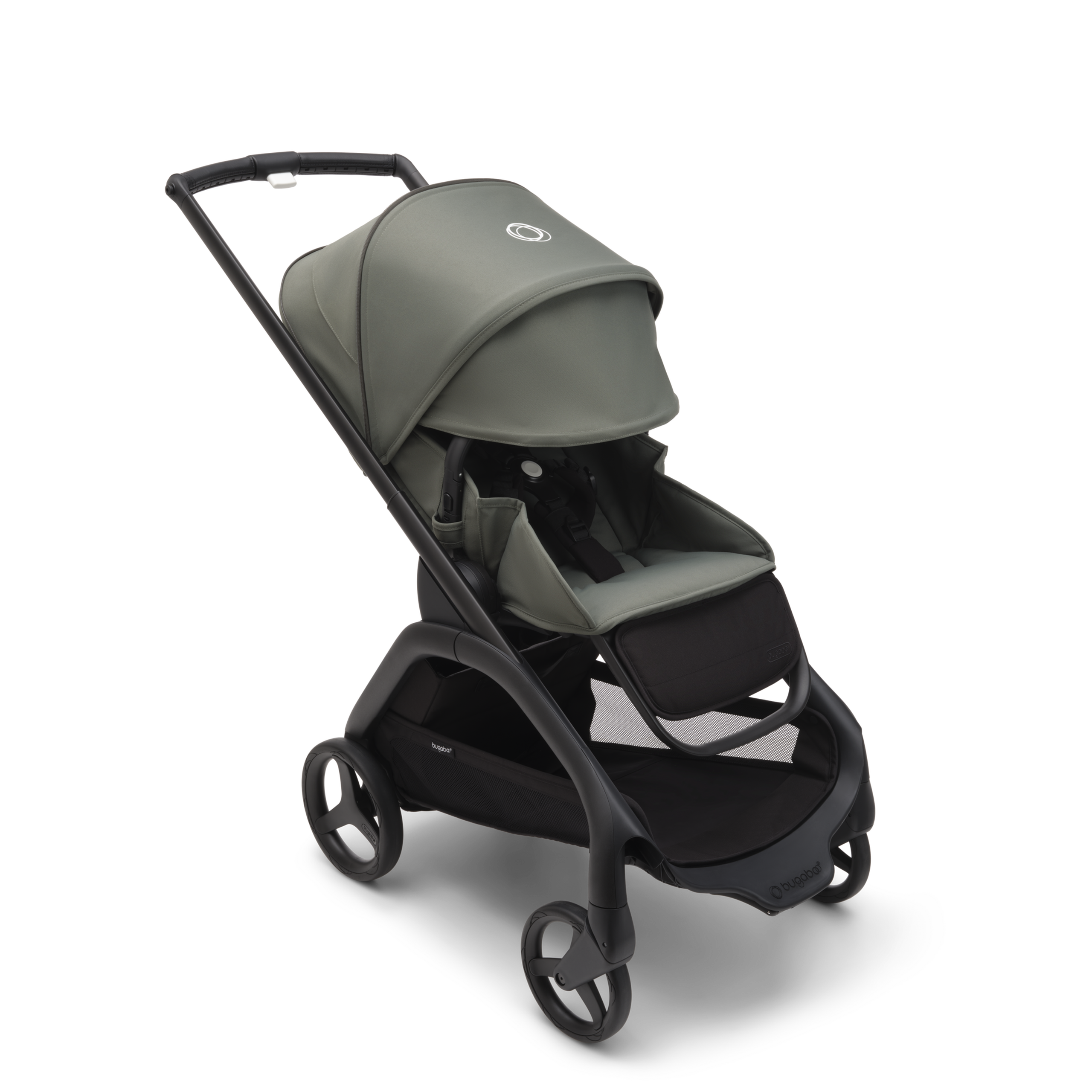 Bugaboo Dragonfly seat stroller with black chassis, forest green fabrics and forest green sun canopy. The sun canopy is fully extended. - Thumbnail Slide 3 of 15