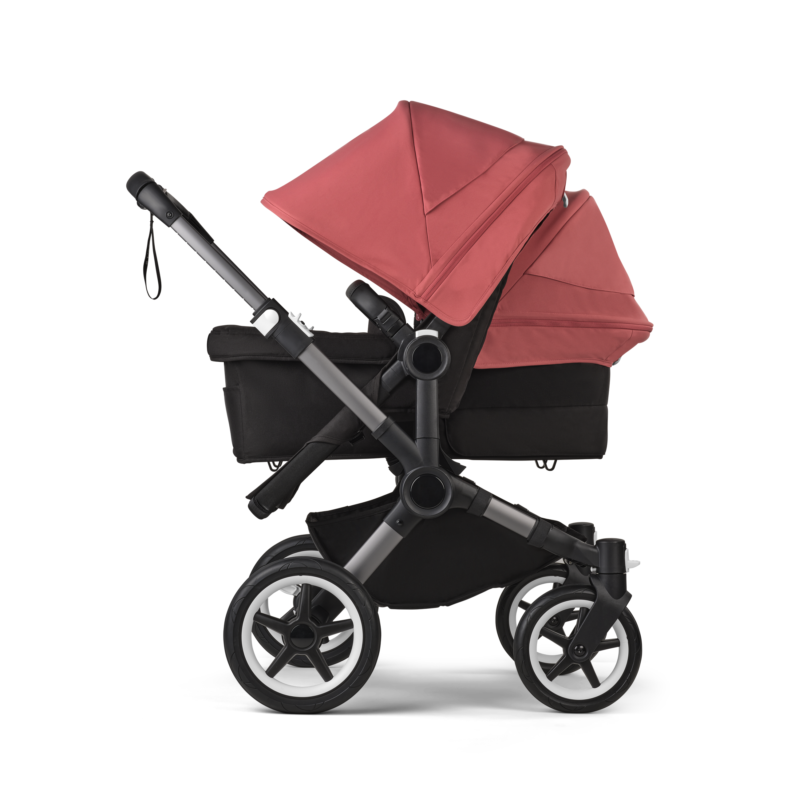 Bugaboo Donkey 5 Duo double stroller graphite base, midnight black fabrics, sunrise red sun canopy - Thumbnail Slide 2 of 11