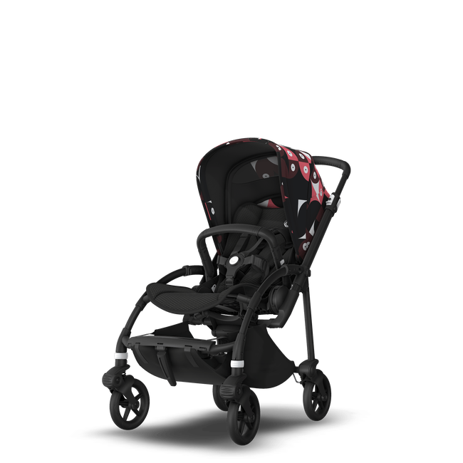 Bugaboo Bee 6 seat stroller black base, black fabrics, animal explorer pink/ red sun canopy