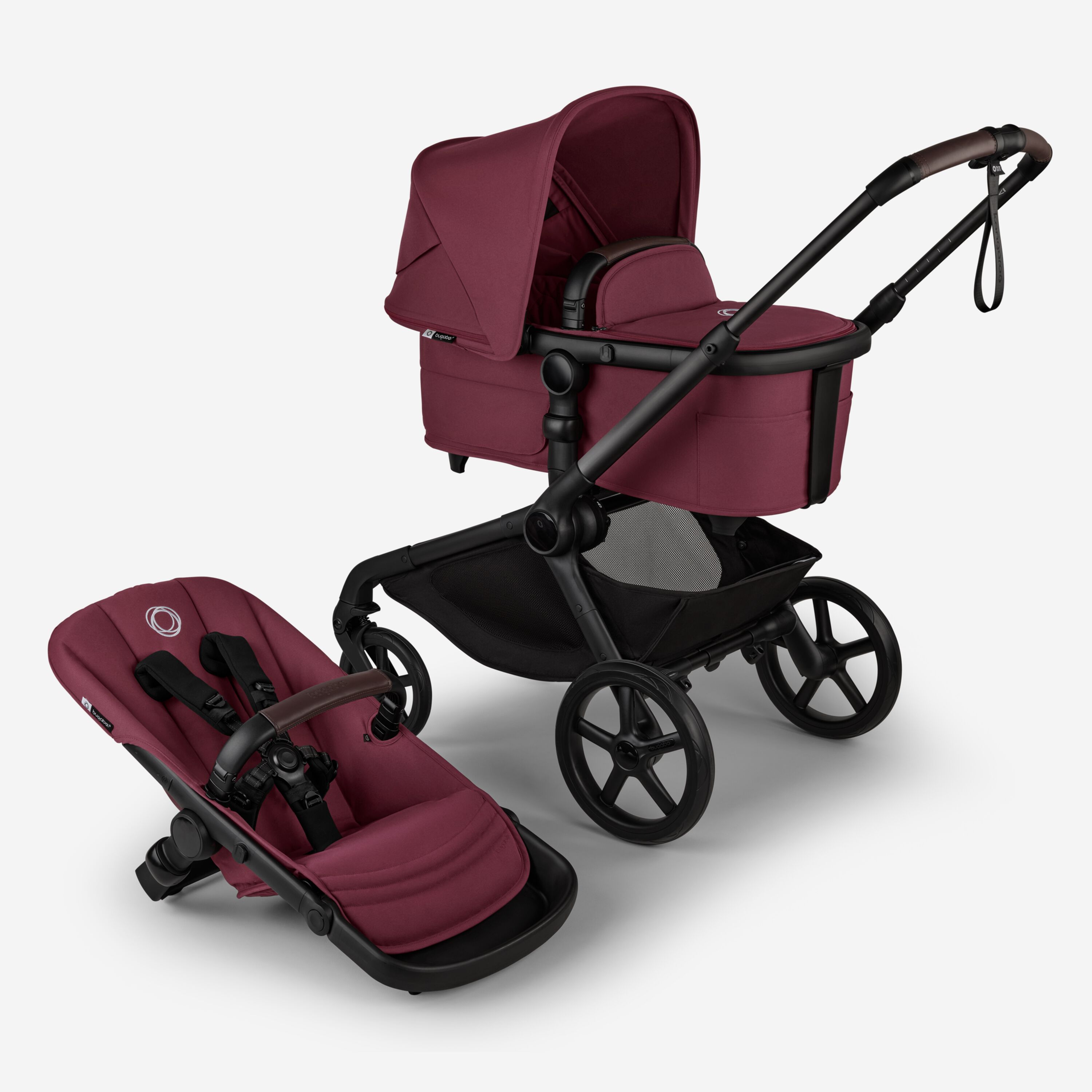 Bugaboo Kangaroo 2-in-1 pram black base, dark cherry red fabrics, dark cherry red sun canopy - Main Modal Image Slide 1 of 18