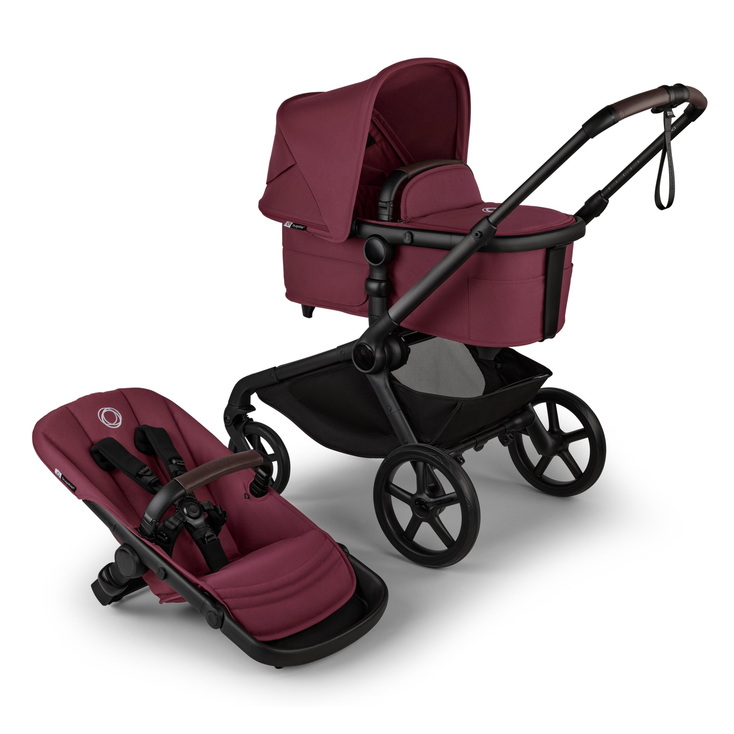Bugaboo Kangaroo 2-in-1 pram black base, dark cherry red fabrics, dark cherry red sun canopy - Thumbnail Slide 1 of 18
