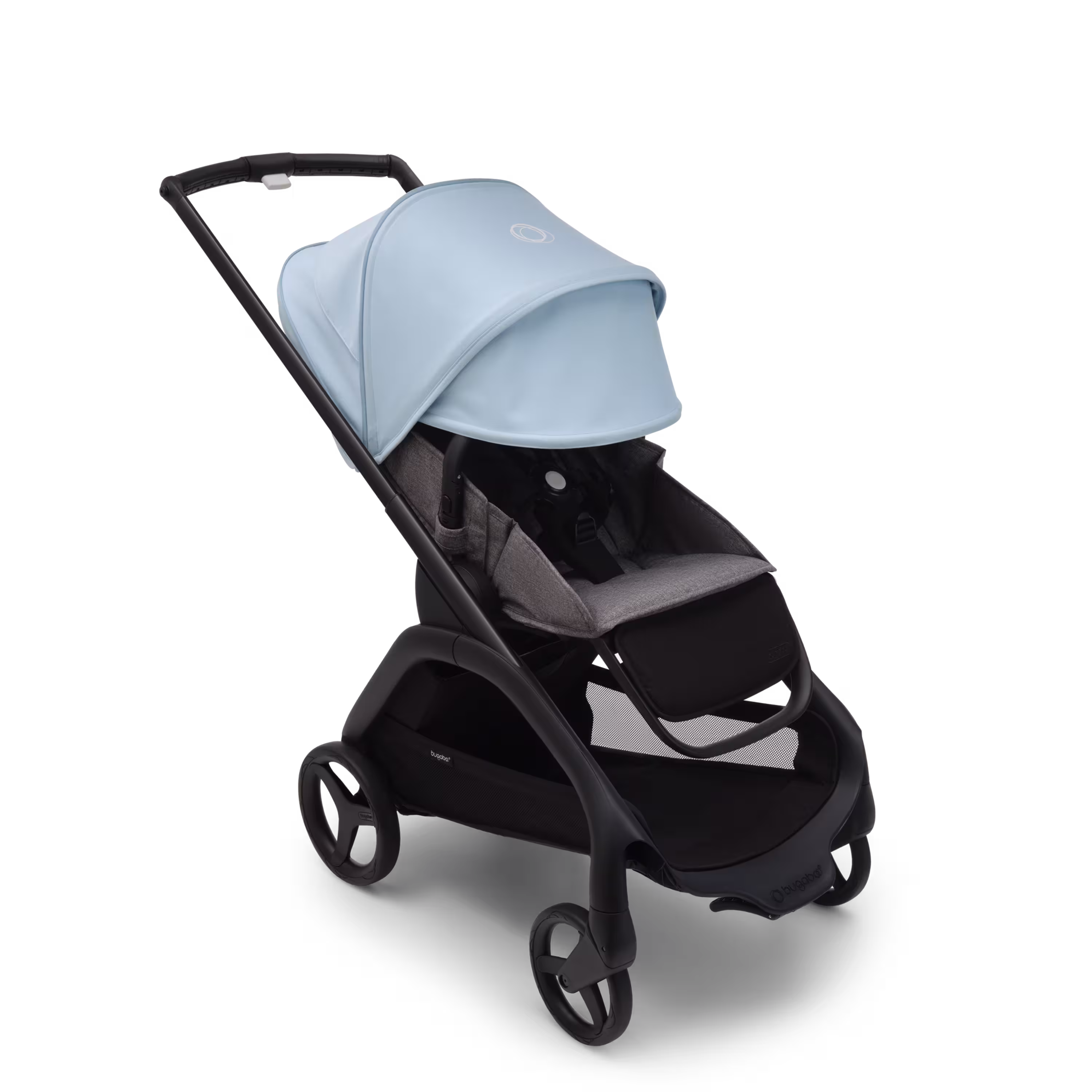 Bugaboo Dragonfly seat stroller with black chassis, grey melange fabrics and skyline blue sun canopy. The sun canopy is fully extended. - Main Modal Image Slide 3 of 16