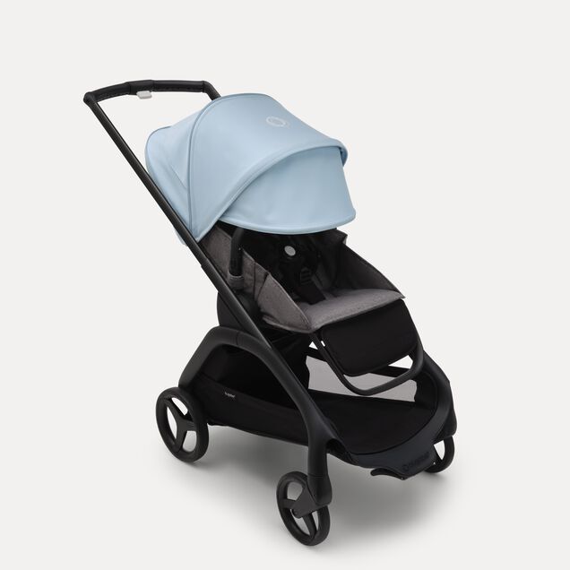 Bugaboo Dragonfly seat stroller with black chassis, grey melange fabrics and skyline blue sun canopy. The sun canopy is fully extended. - Main Image Slide 3 of 16