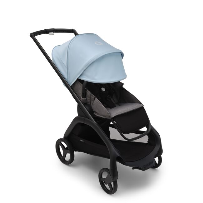 Bugaboo Dragonfly seat stroller with black chassis, grey melange fabrics and skyline blue sun canopy. The sun canopy is fully extended. - Main Image Slide 4 of 18