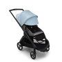 Bugaboo Dragonfly seat stroller with black chassis, grey melange fabrics and skyline blue sun canopy. The sun canopy is fully extended. - Thumbnail Slide 4 of 18