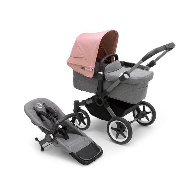 Bugaboo Donkey 5 Mono bassinet stroller with graphite chassis, grey melange fabrics and morning pink sun canopy, plus seat. - Main Image Slide 1 of 13