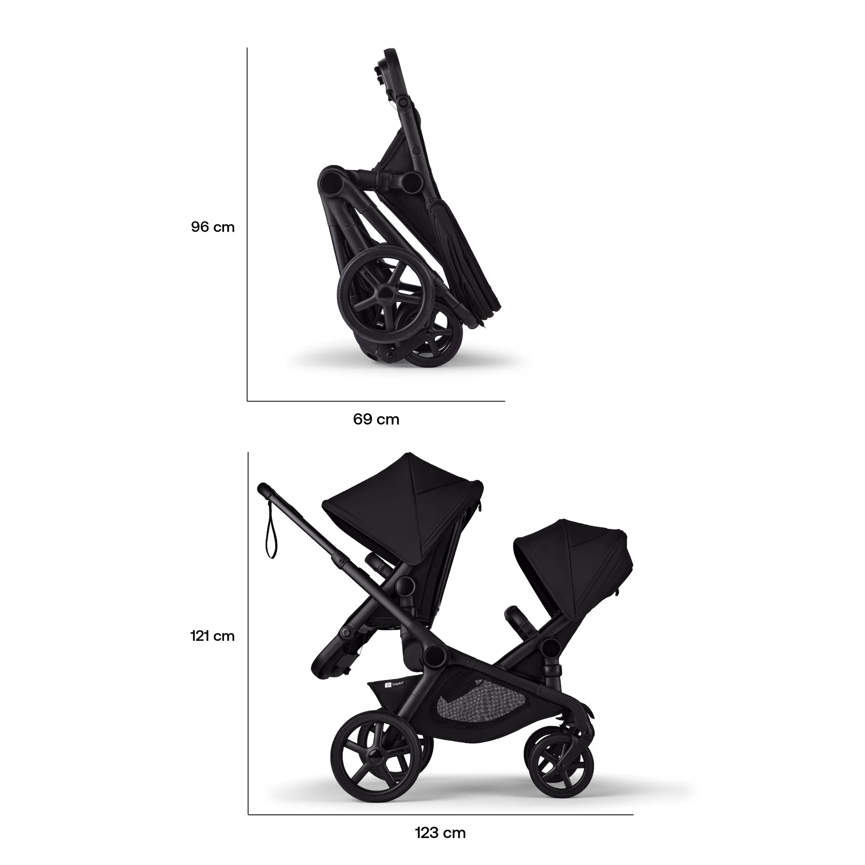 Bugaboo Kangaroo tandem stroller black base, forest green fabrics, forest green sun canopy test - Main Modal Image Slide 12 of 18