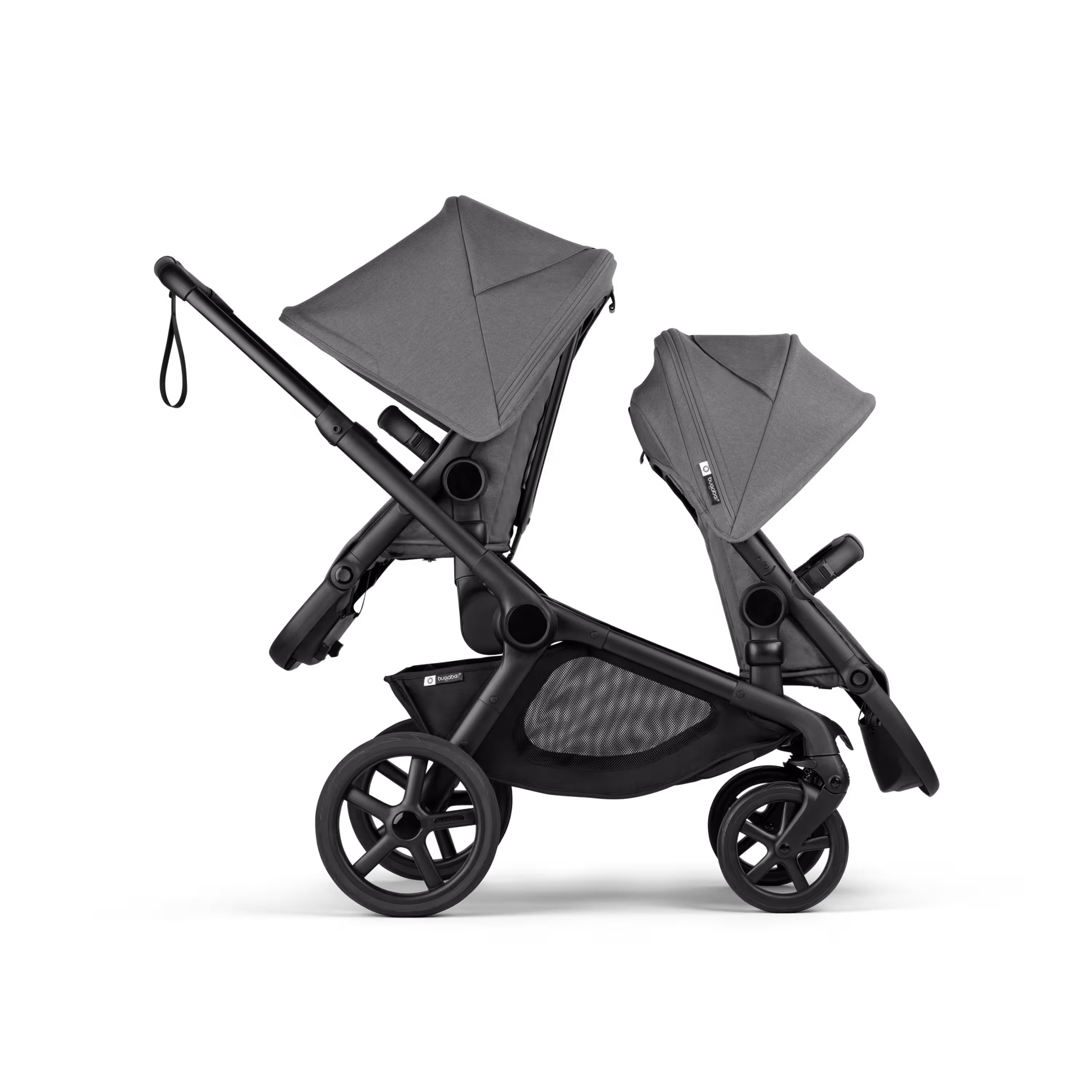Bugaboo Kangaroo tandem pram black base, moon grey fabrics, moon grey sun canopy - Main Modal Image Slide 4 of 18
