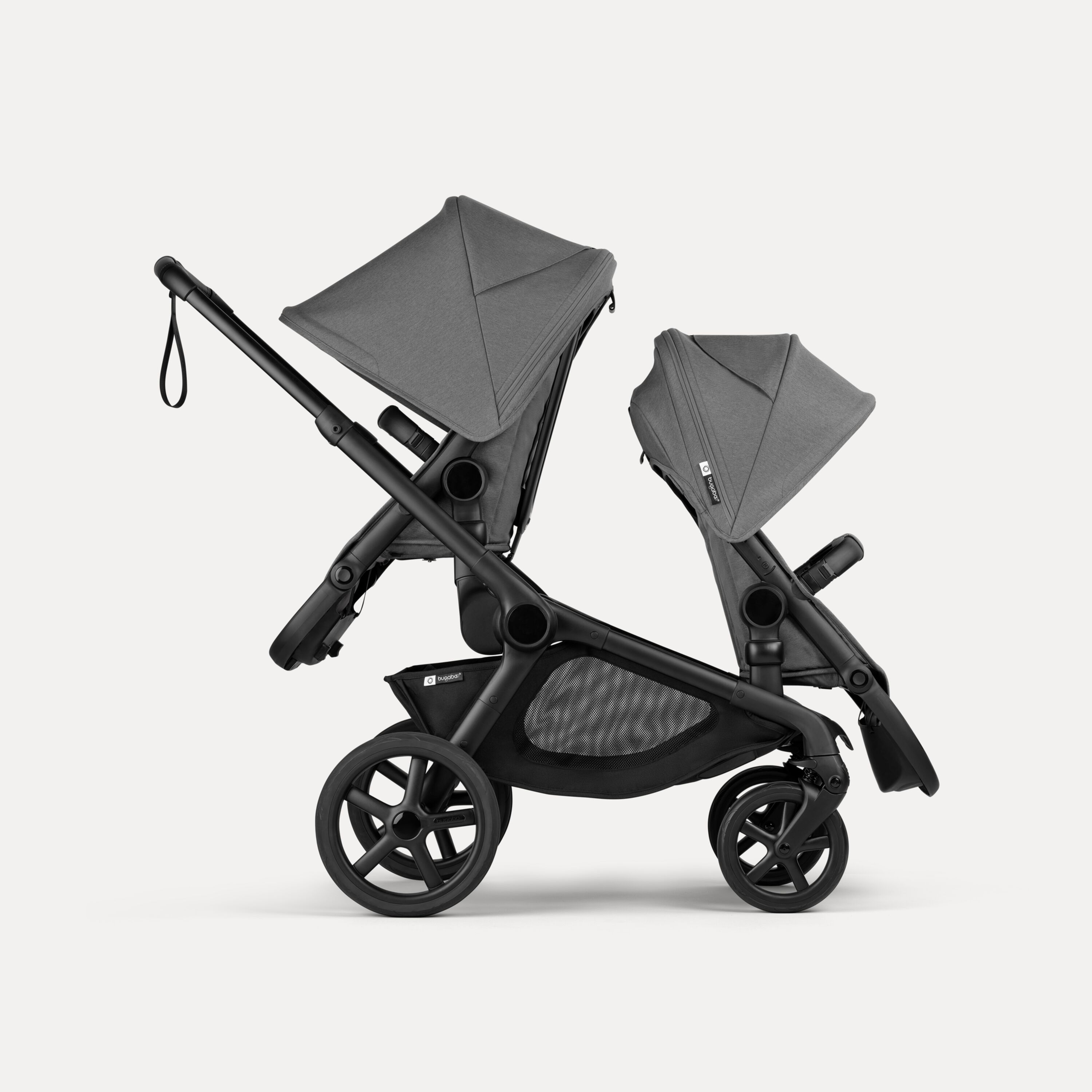 Bugaboo Kangaroo tandem pram black base, moon grey fabrics, moon grey sun canopy - Main Modal Image Slide 4 of 18