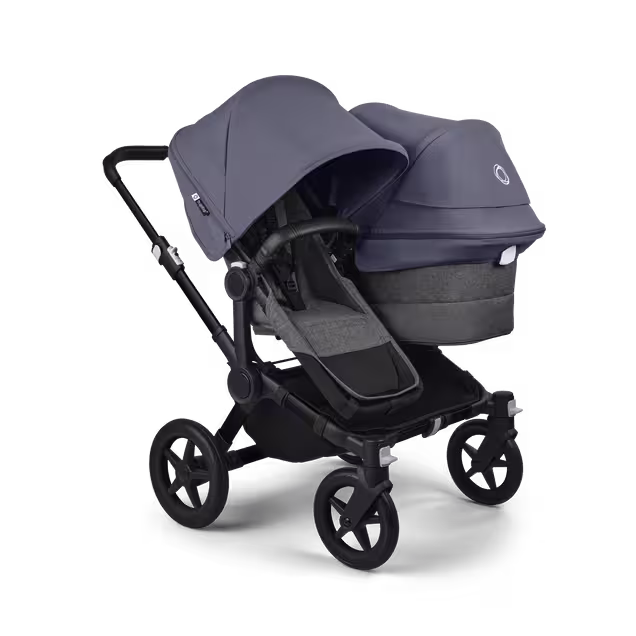 Bugaboo Donkey 5 Duo double stroller black base, grey mélange fabrics, stormy blue sun canopy - Main Image Slide 1 of 11
