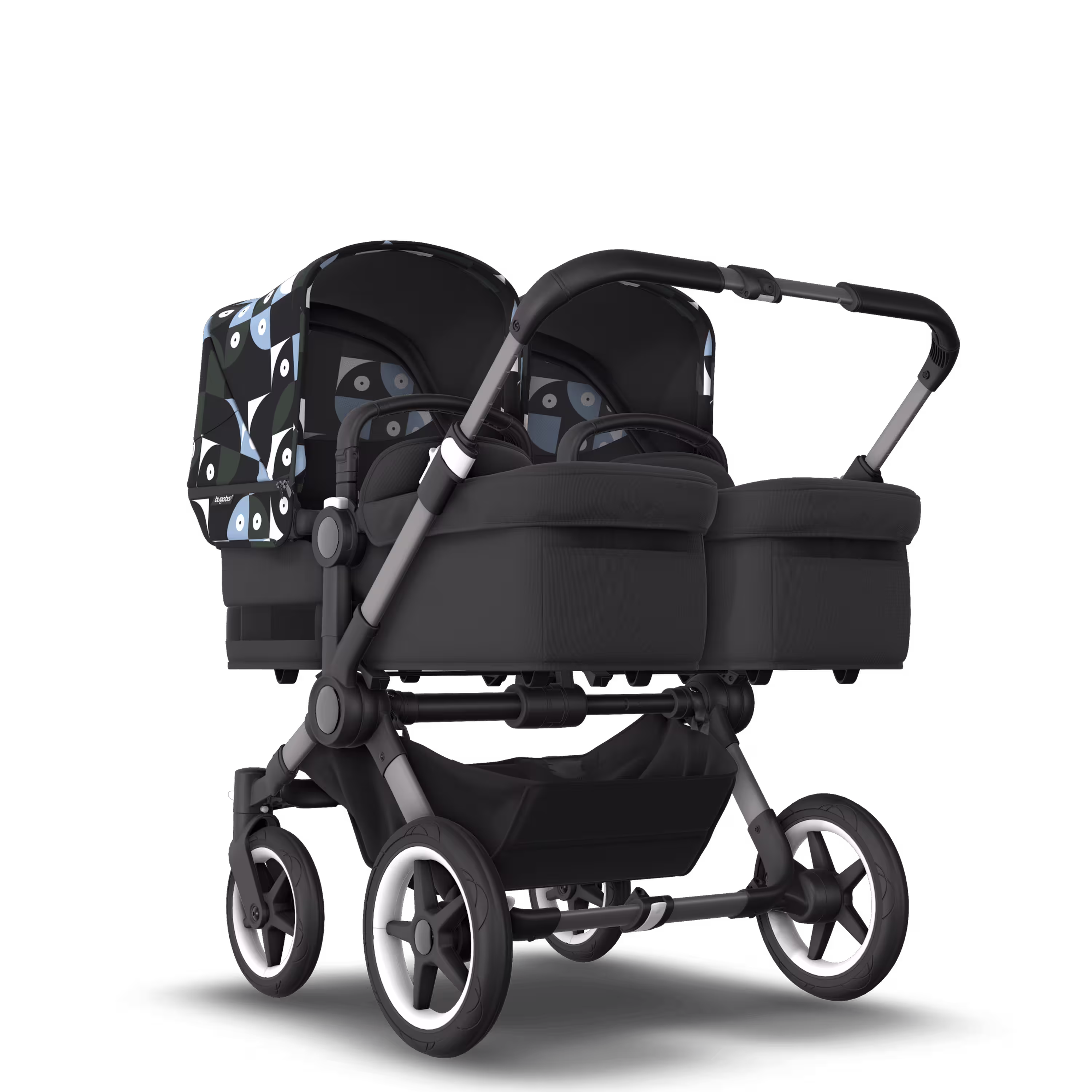 Bugaboo Donkey 5 twin stroller graphite base, midnight black fabrics, animal explorer green/light blue sun canopy - Main Modal Image Slide 1 of 12