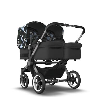 Bugaboo Donkey 5 twin stroller graphite base, midnight black fabrics, animal explorer green/light blue sun canopy